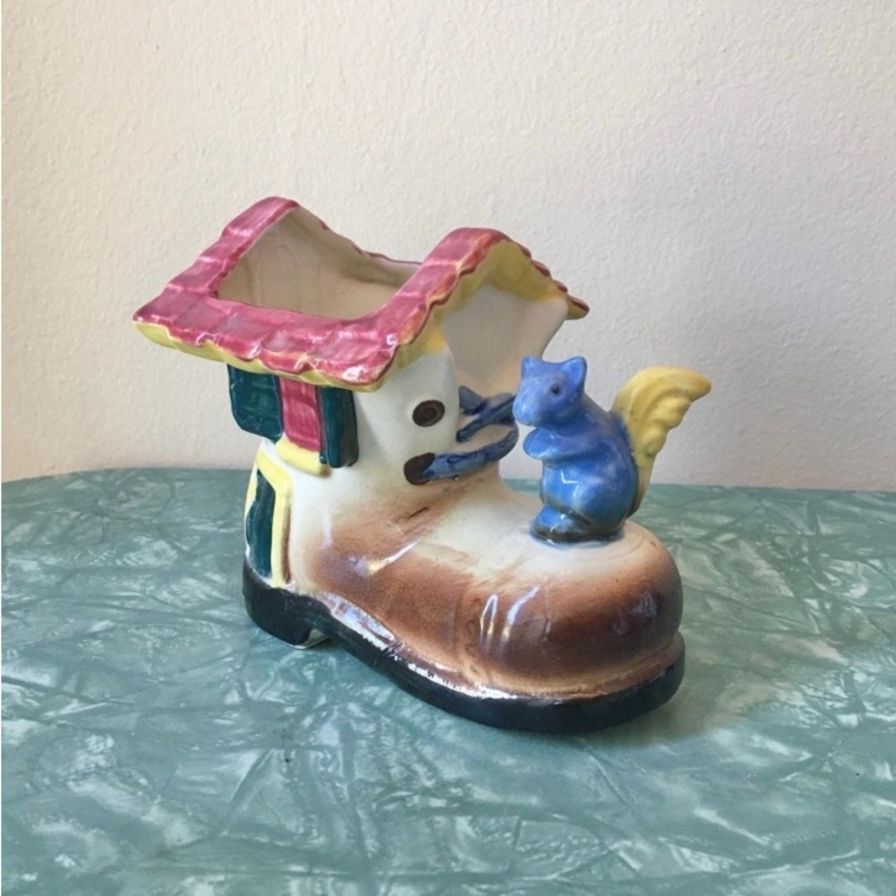Vintage Ceramic Boot with Squirrel Planter